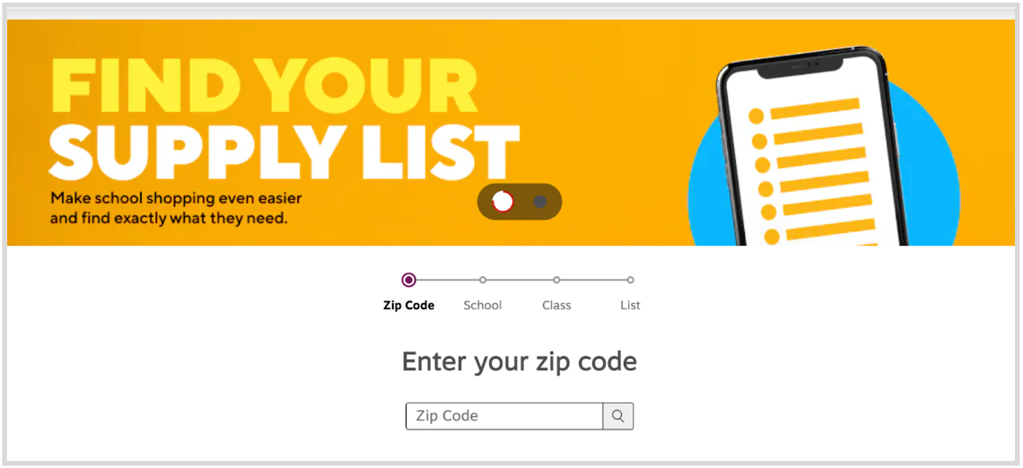 Staples supplies list tool with a field to enter your zip code