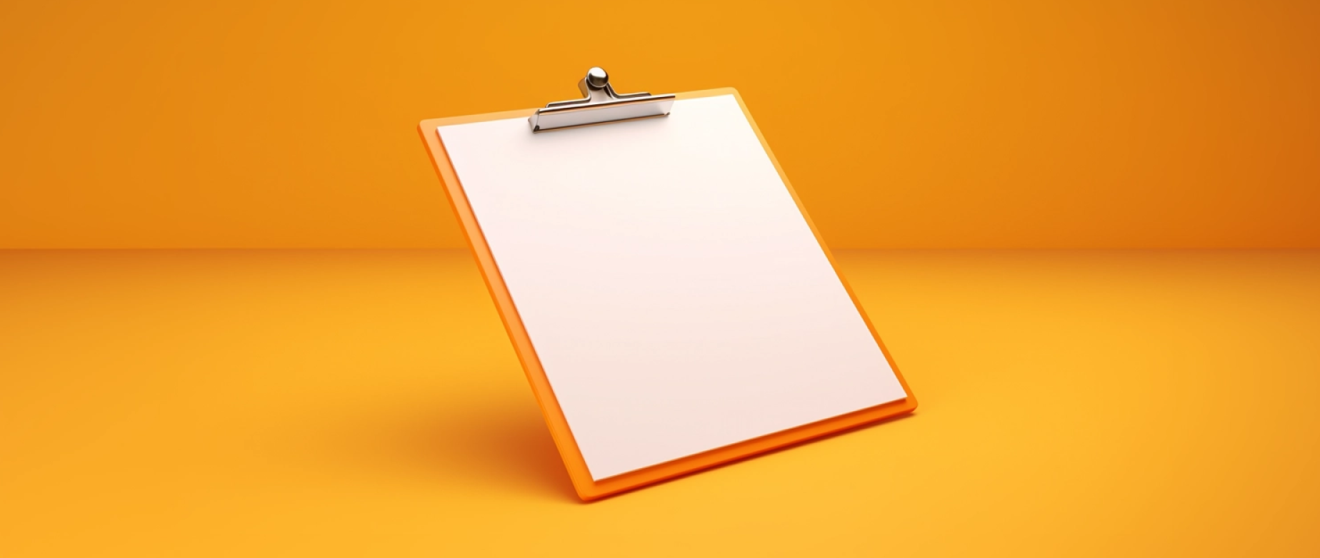 A clipboard with a white blank piece of paper on an orange background.