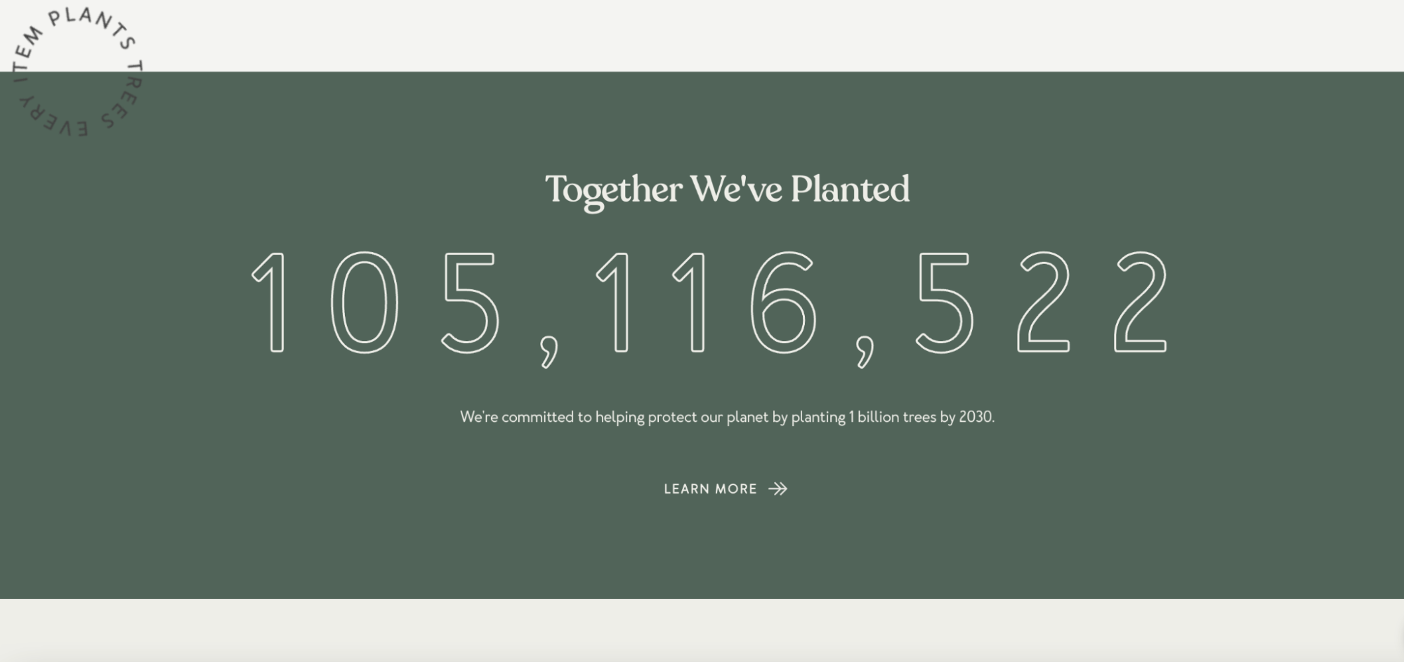 Tentree white text on green background showing number of trees planted together