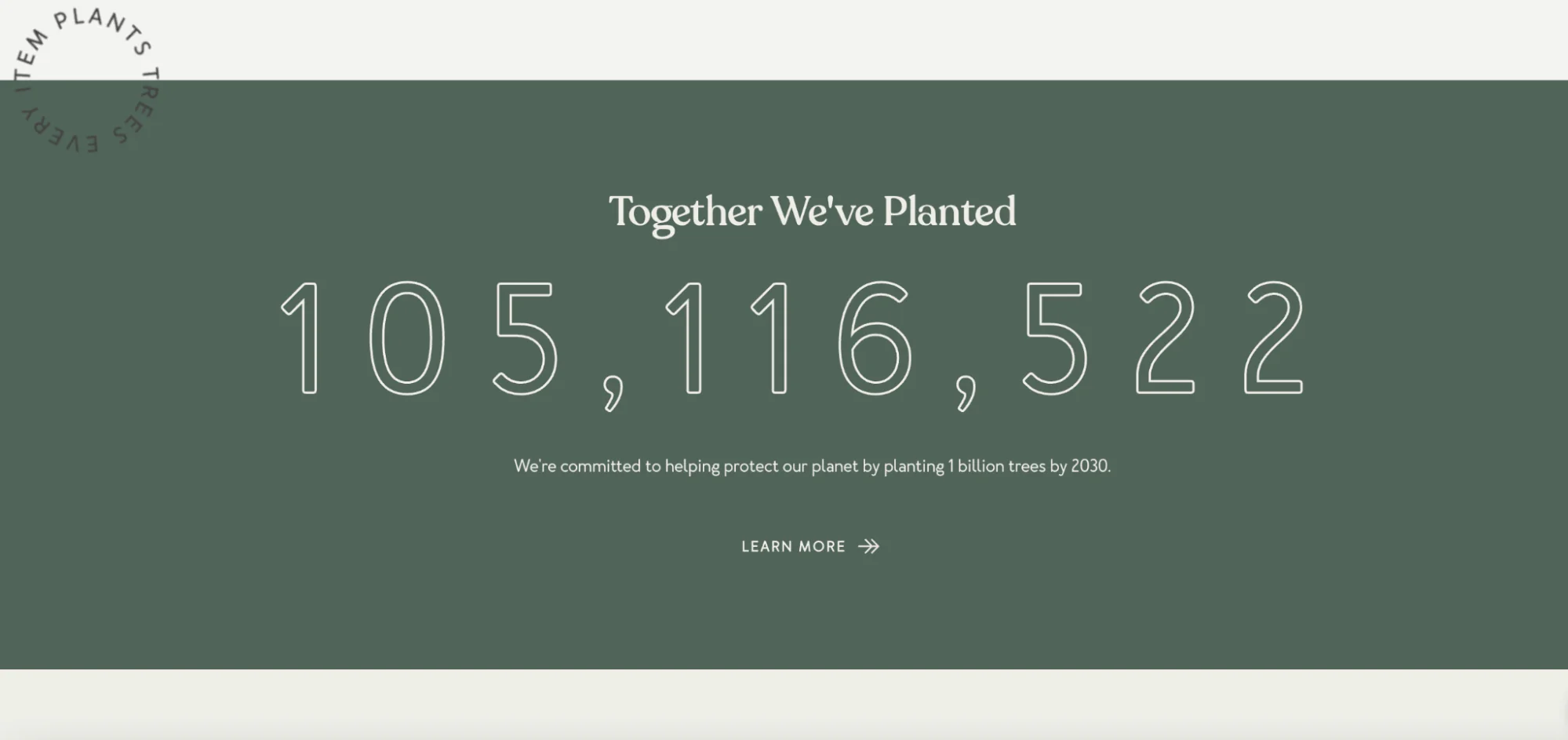 Tentree white text on green background showing number of trees planted together