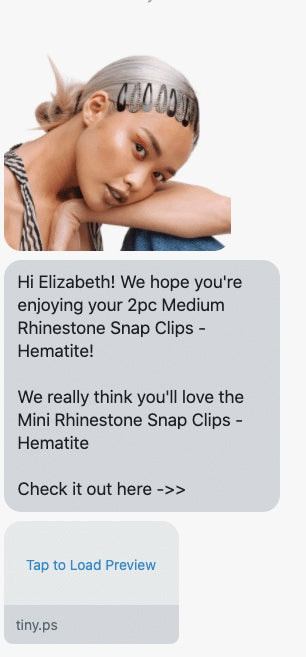 Kitsch sends upsell texts to encourage sales for its Mini Rhinestone Snap Clips