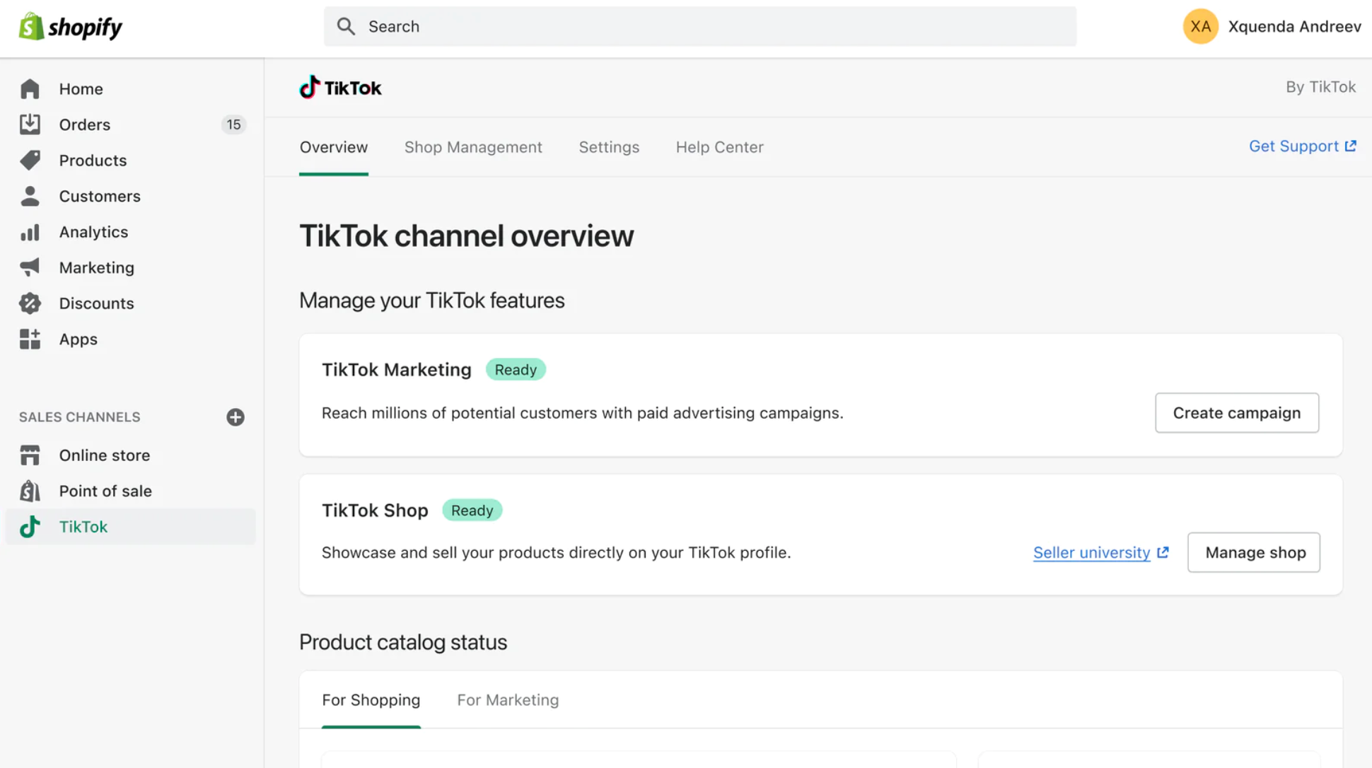 Image of TikTok app setup in Shopify admin