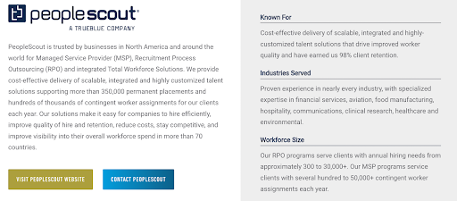 peoplescout, a trueblue company, landing page with copy on industries served and workforce size