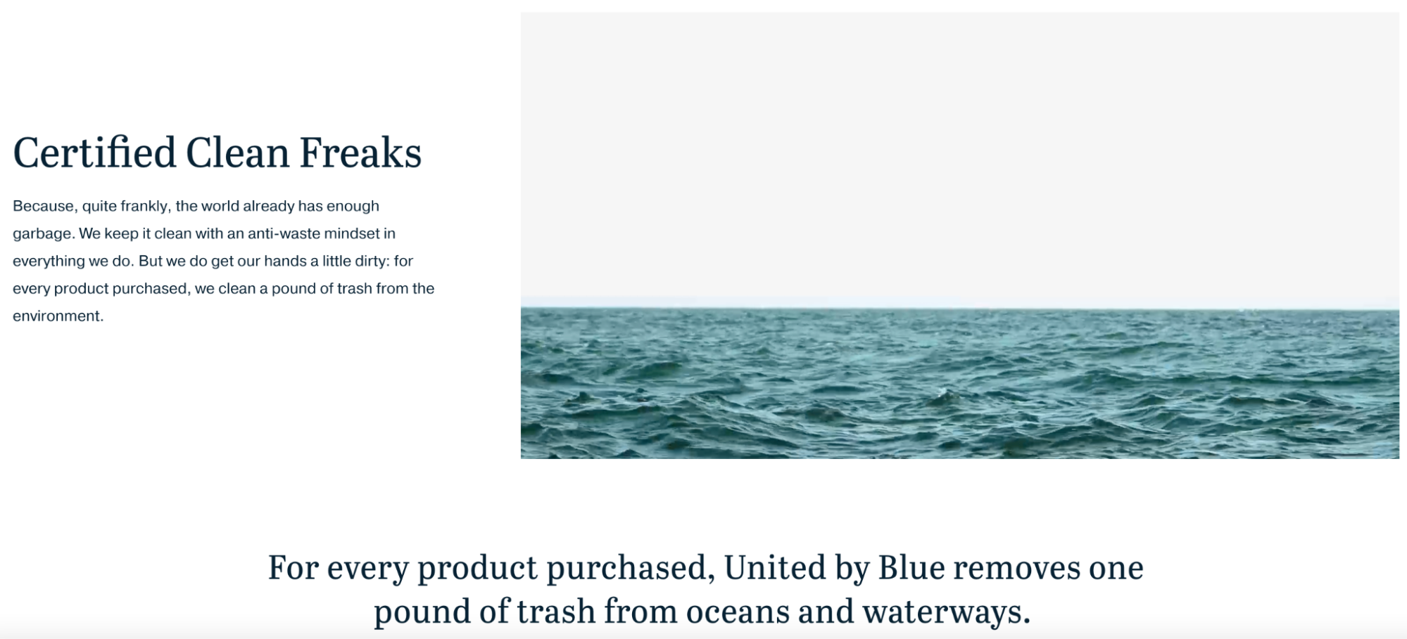 Ocean and text on white background sharing how United by Blue removes a pound of trash from oceans