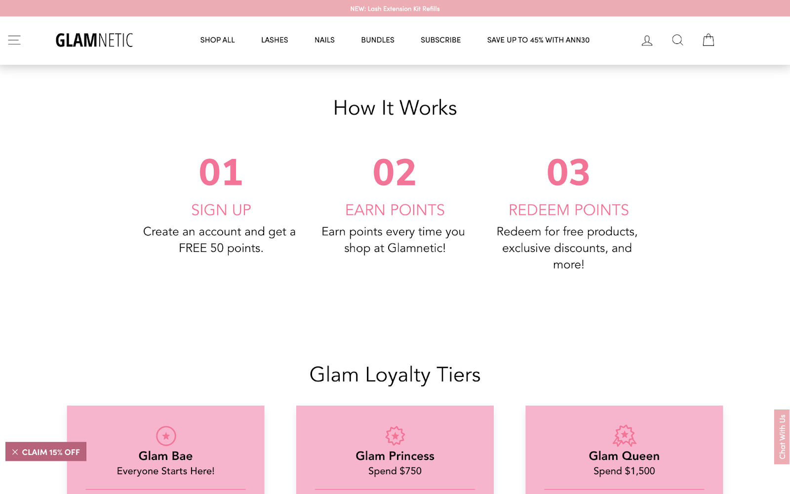 Screenshot of Glamnetics loyalty program page, with three steps and three loyalty tiers.
