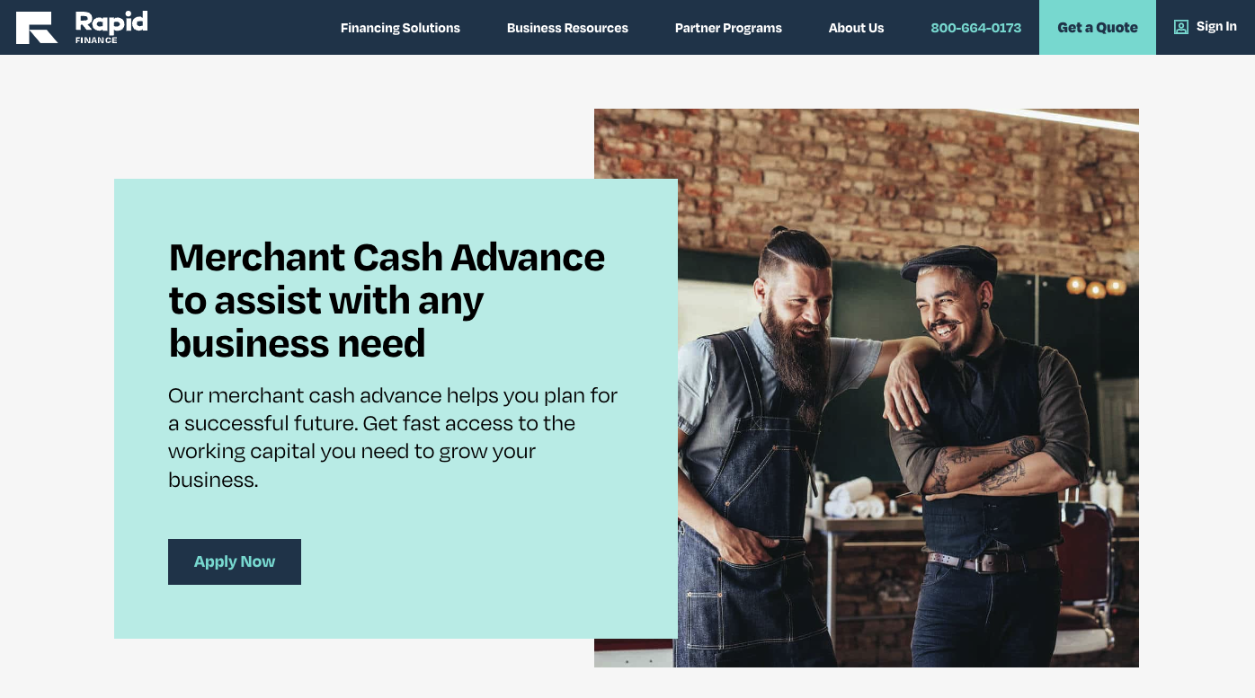 A screen grab of Rapid Finance with an image of two smiling men.