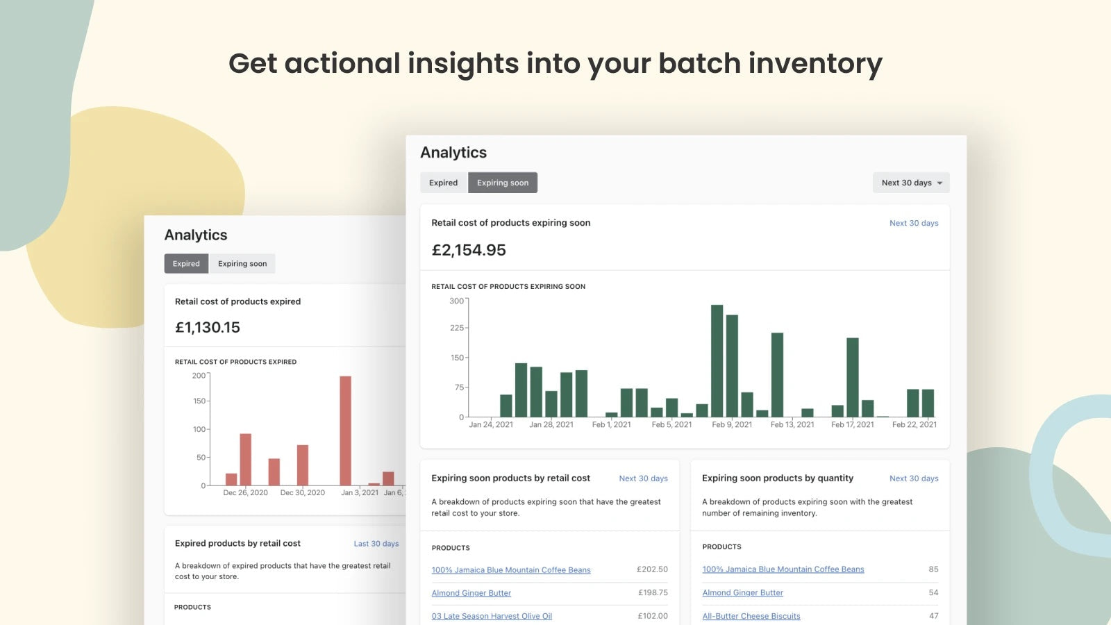 Freshly Batch Inventory’s analytics dashboard showing the cost of products expiring soon