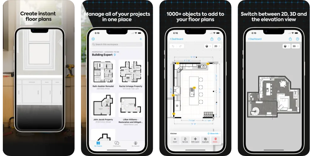 Four mobile views of magicplan showing how to create floor plans and manage projects