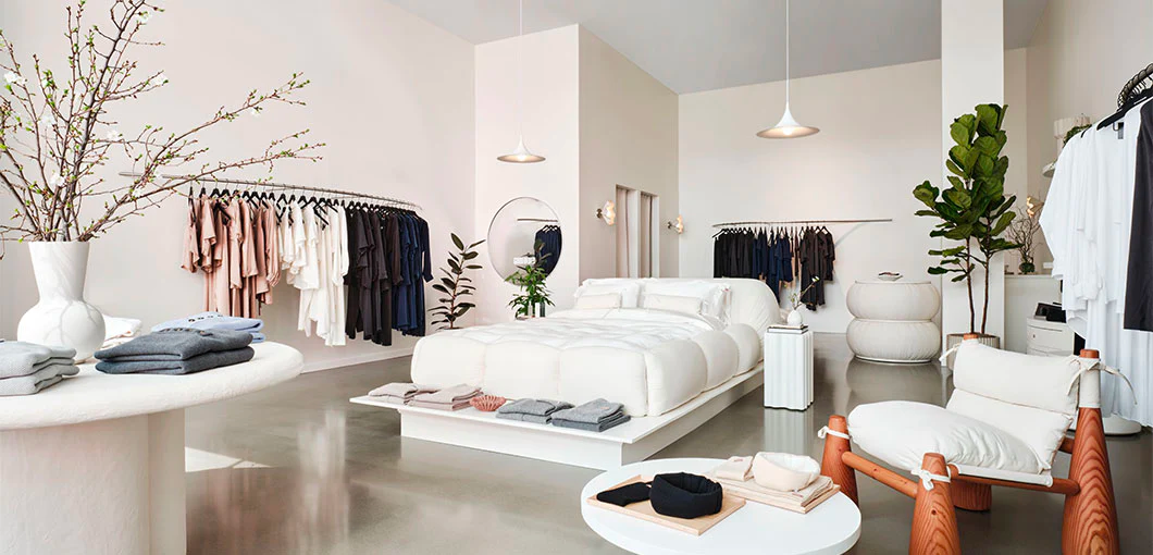 Sleepwear retailer Lynya's boutique features a striking focal point: a large, comfortable bed.