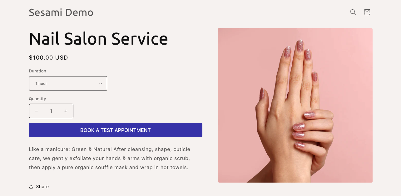 Sesami demo site with booking for nail salon service, including duration and quantity