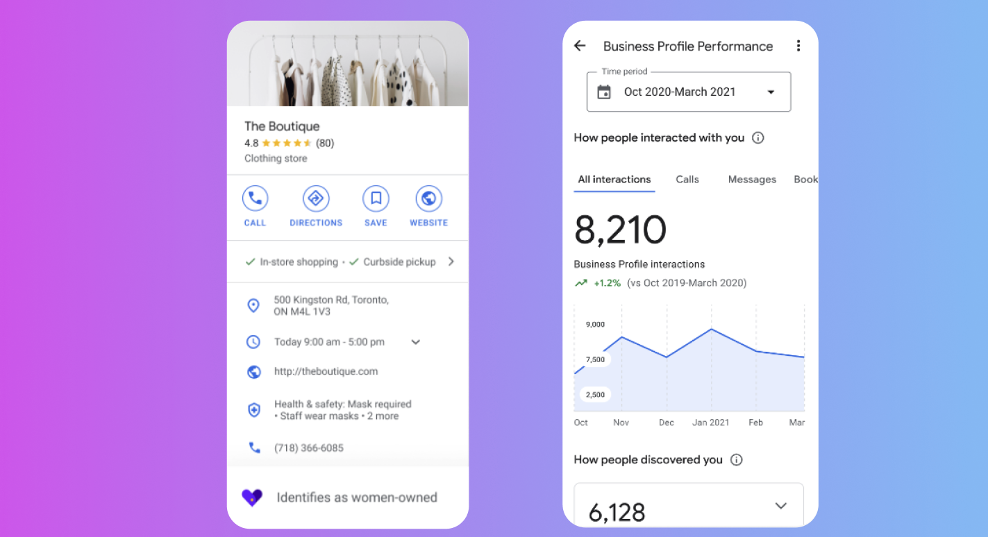 Mobile view of a boutique’s Google business profile and the profile’s performance dashboard