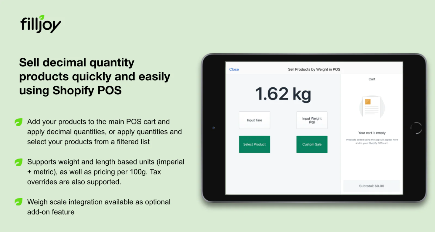 Filljoy app on a tablet showing screen to set quantity of products