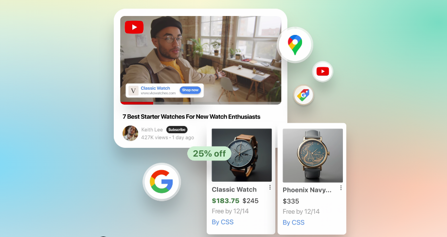 Collage of a YouTube video with two watches shown as shoppable products