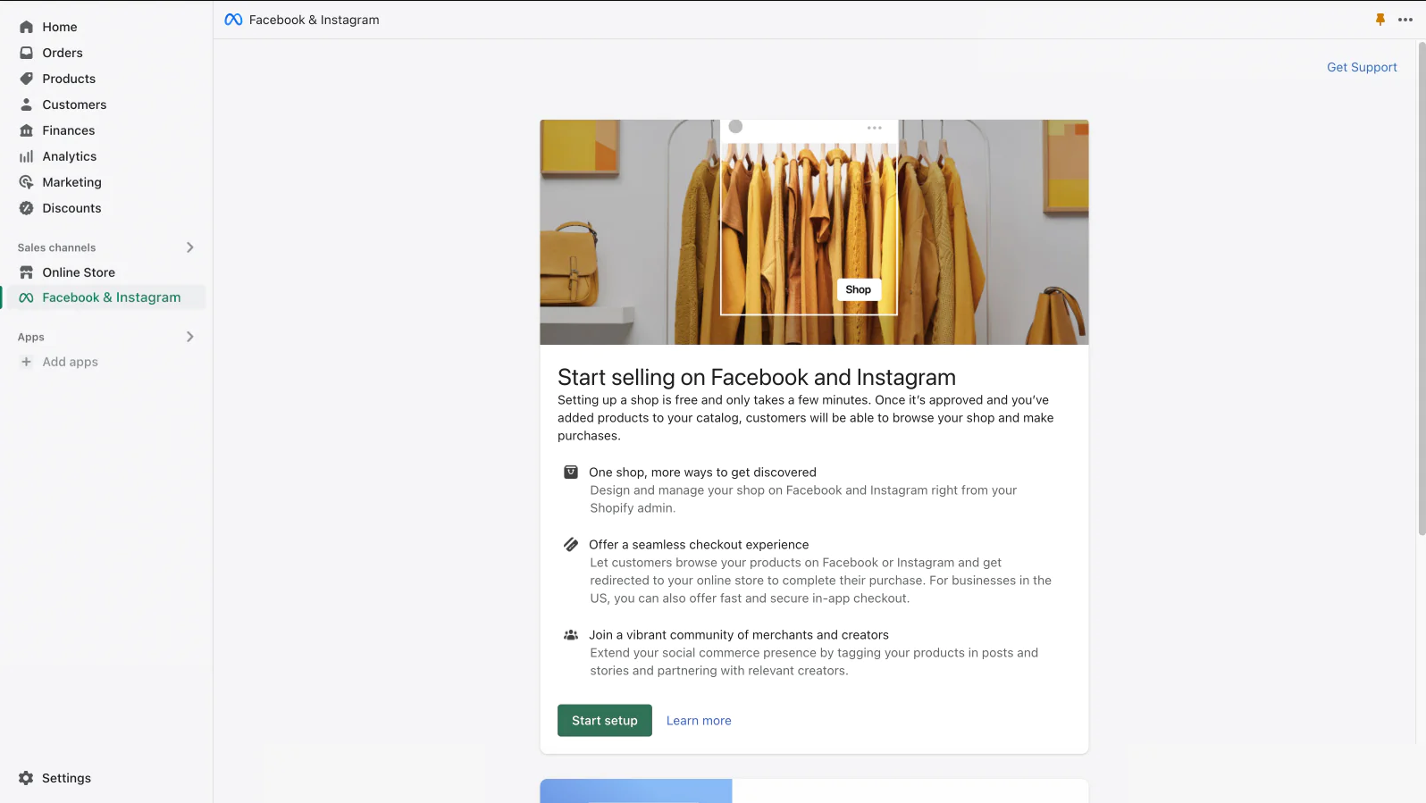 Start page for Facebook & Instagram channel app when installed into your Shopify store