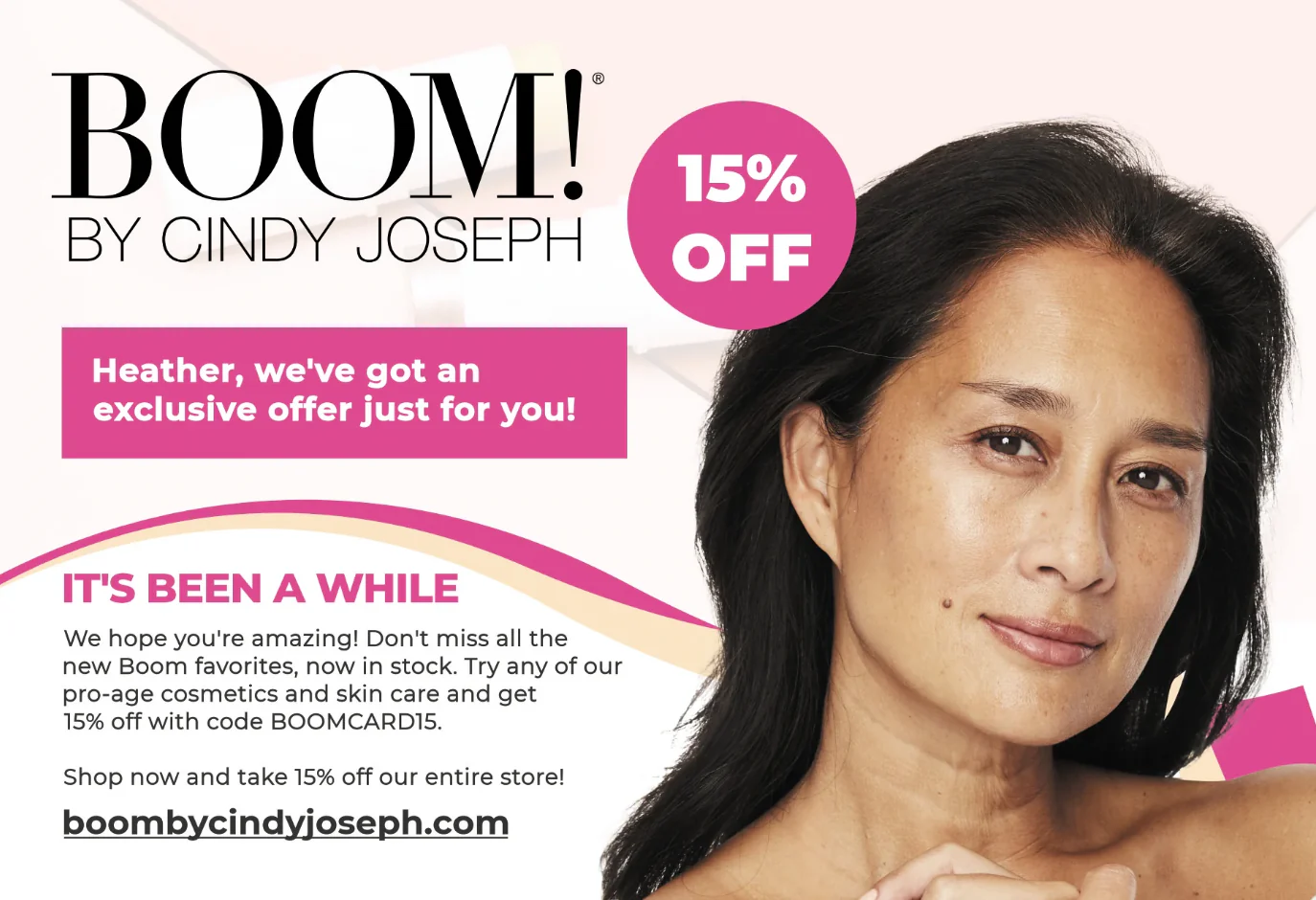 A 15% off offer for Boom! By Cindy Joseph customers, showing a woman staring at the camera.