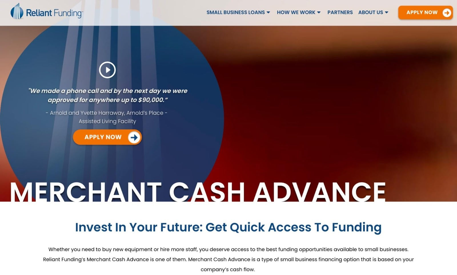 A screen grab of Reliant Funding website.
