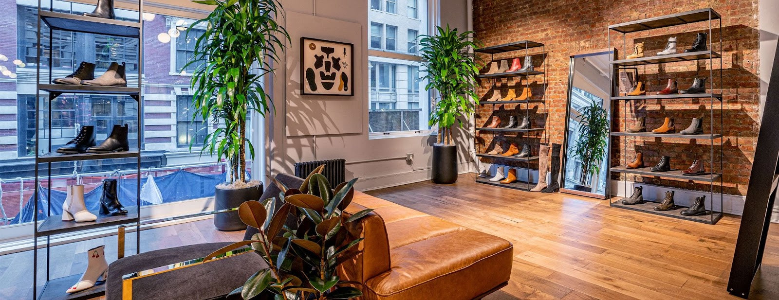 Thursday Boots's brick-and-mortar shop uses identical shelving units to create a sense of balance.