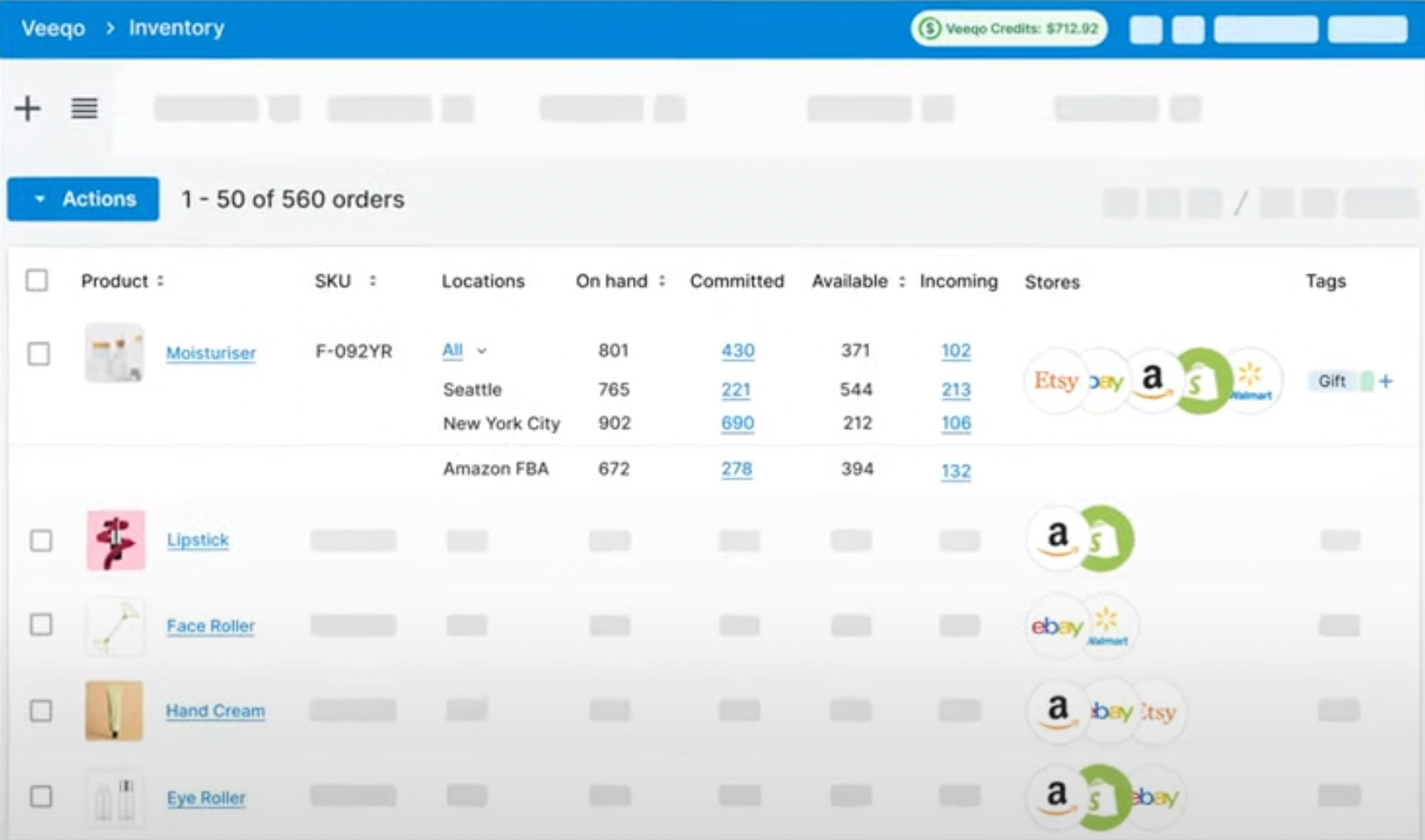 Screenshot of Veeqo inventory dashboard