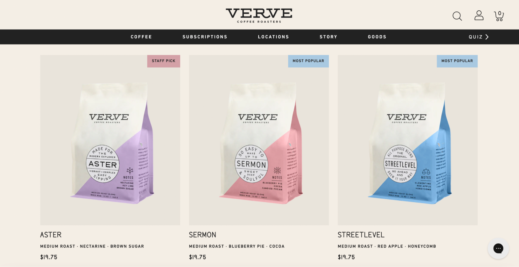 Screenshot of Verve Coffee Roasters coffee blend products for sale