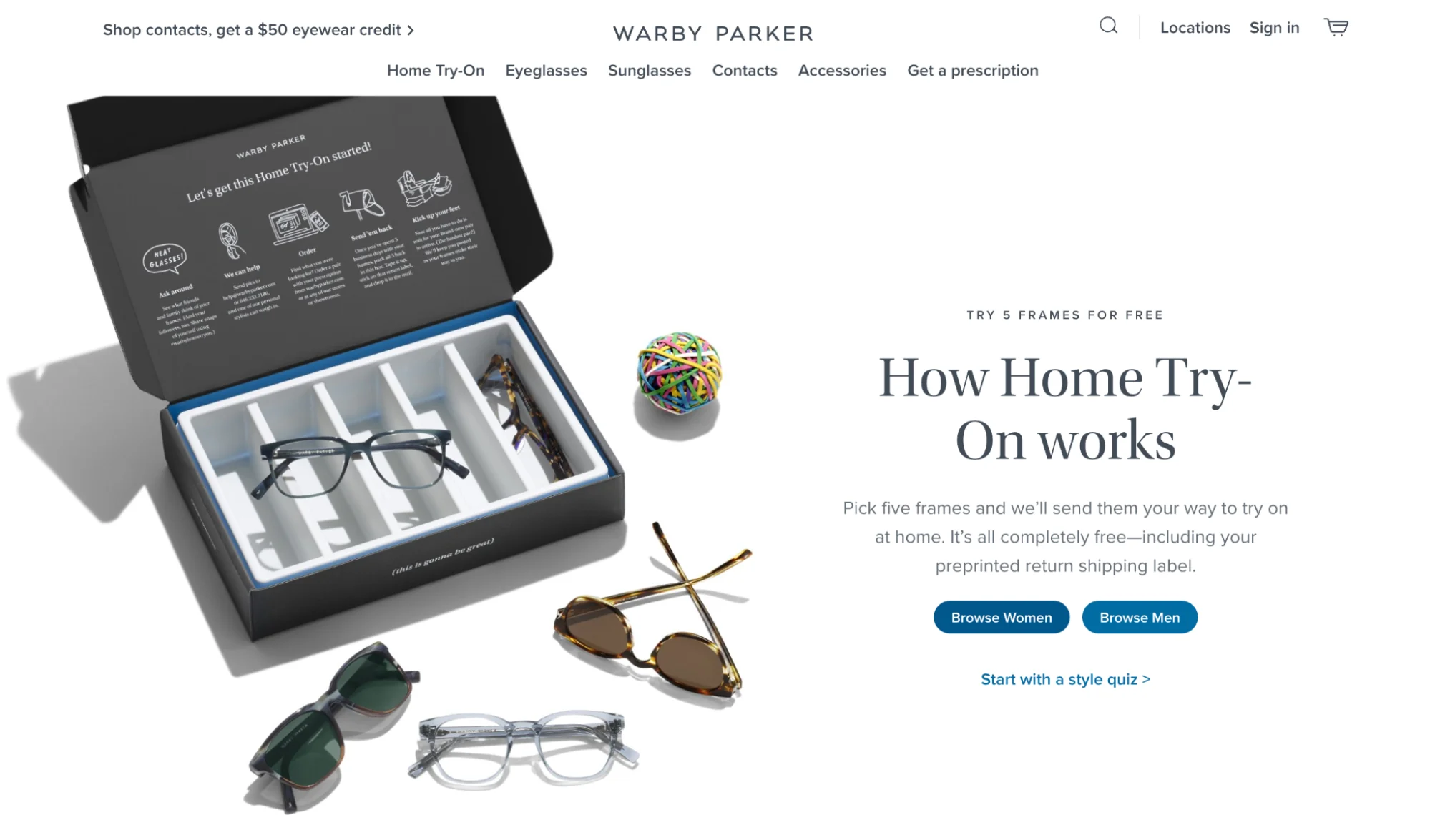 Screenshot of Warby Parker landing page for How Home Try-On works