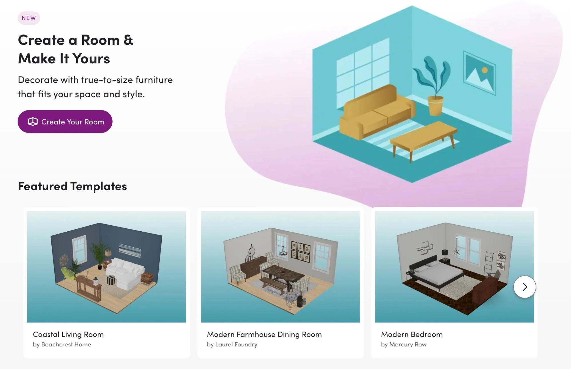 Screenshot of Wayfair 3D room planner