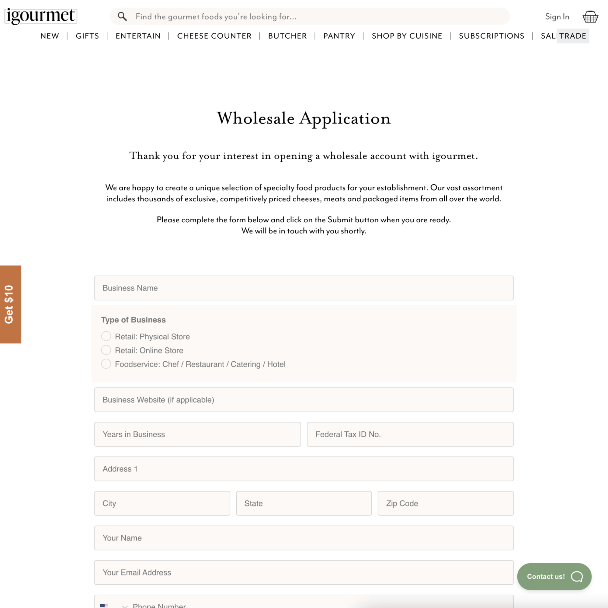 igourmet’s wholesale application on website