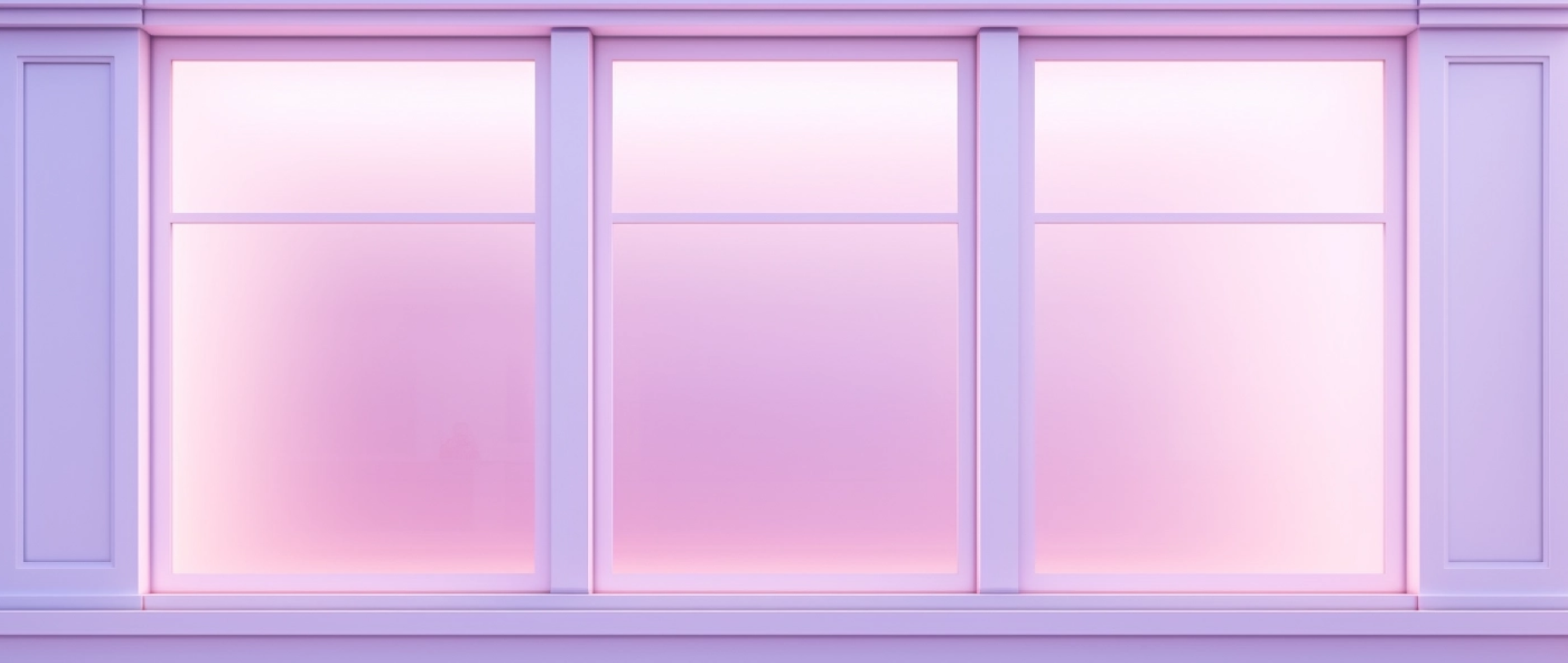 An illuminated empty retail window display with light pink interior.