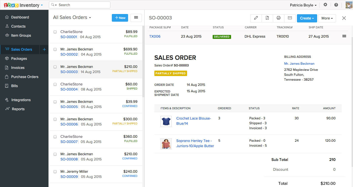 Screenshot of Zoho Inventory Sales Order interface