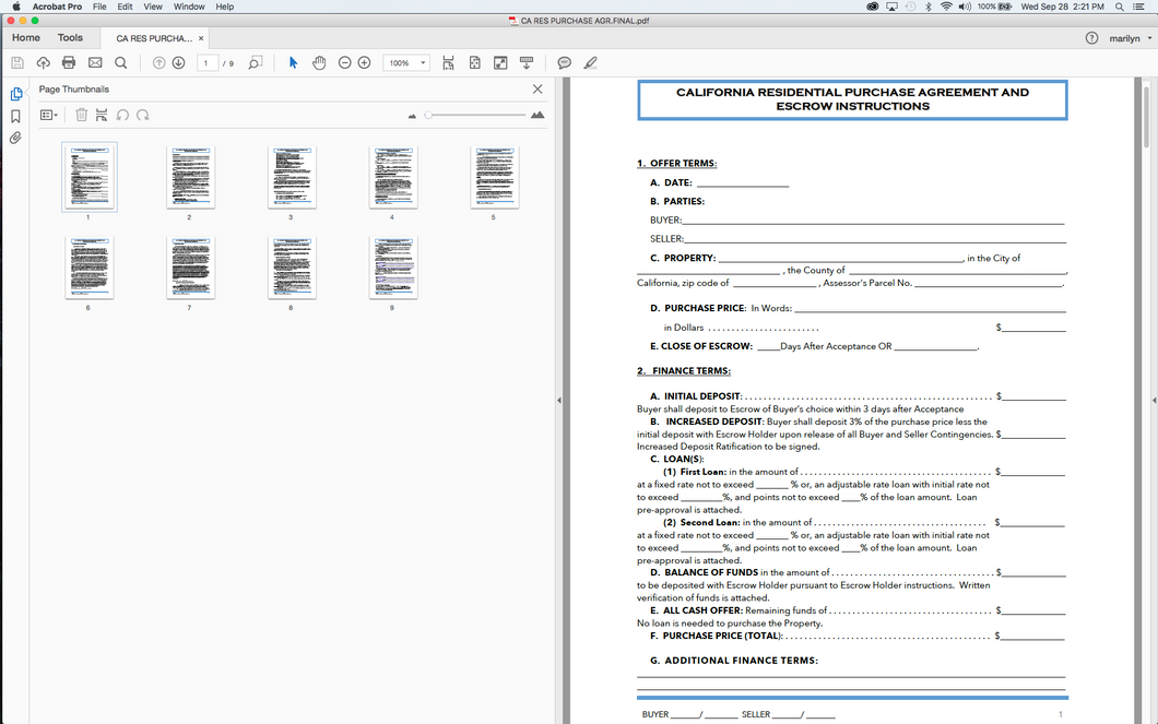 Downloadable form California Residential Purchase Agreement