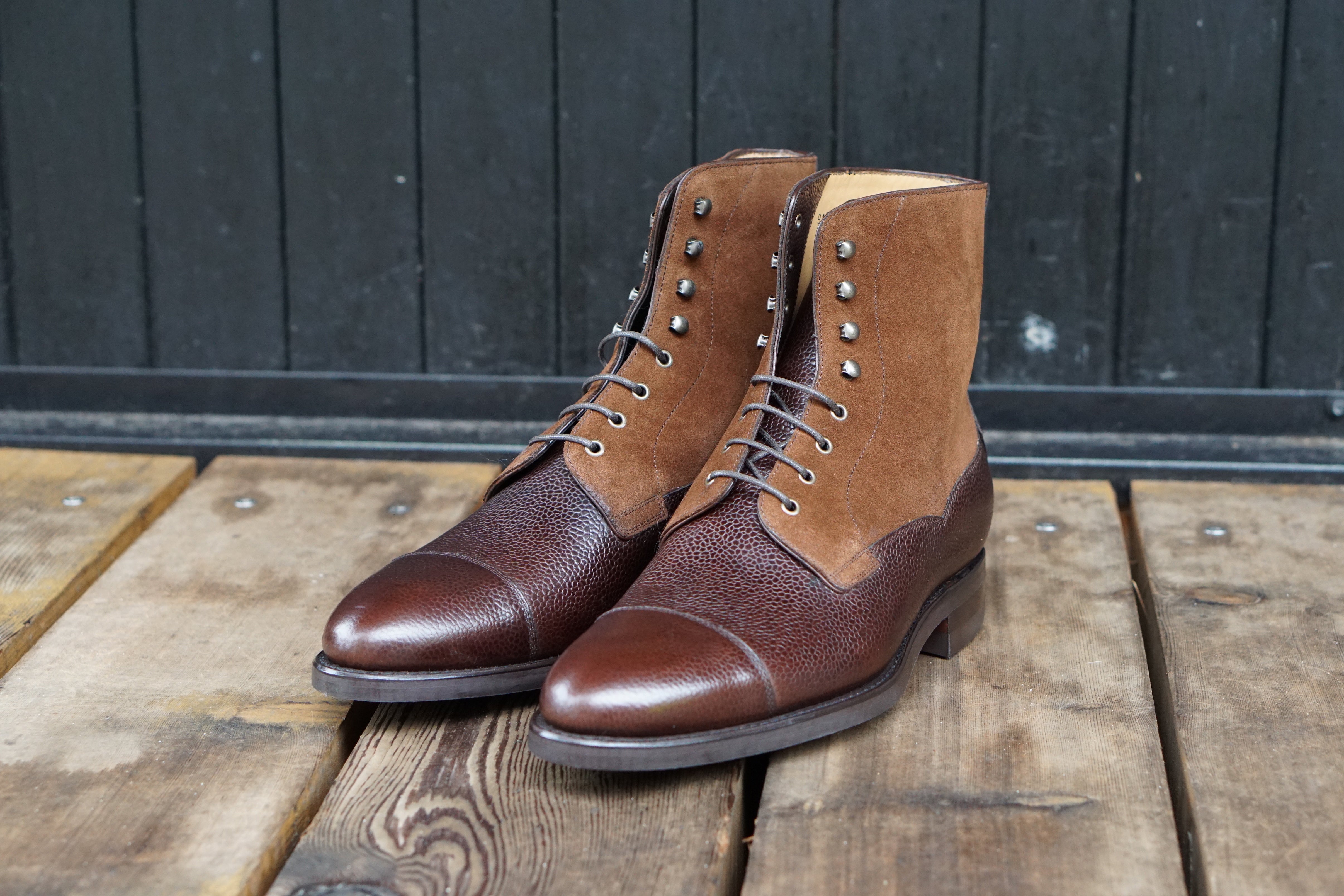 Carlos Santos Field Boot in Dark Brown Grain/Oak Calf