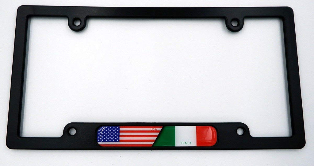 USA/Italy Black Plastic Car License Plate Frame w/Domed Decal Insert Flag