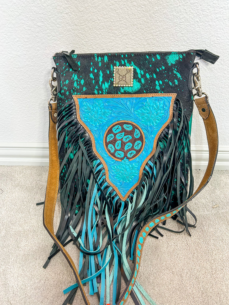 Chasing Cowboys G Upcycled Cowhide Fringe Bag - Turquoise – Style Babes