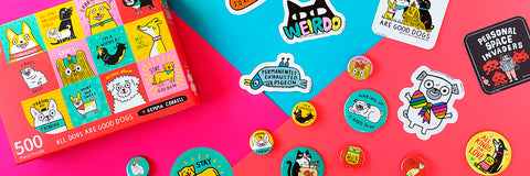 Gemma Correll pins patches stickers puzzles buttons and more