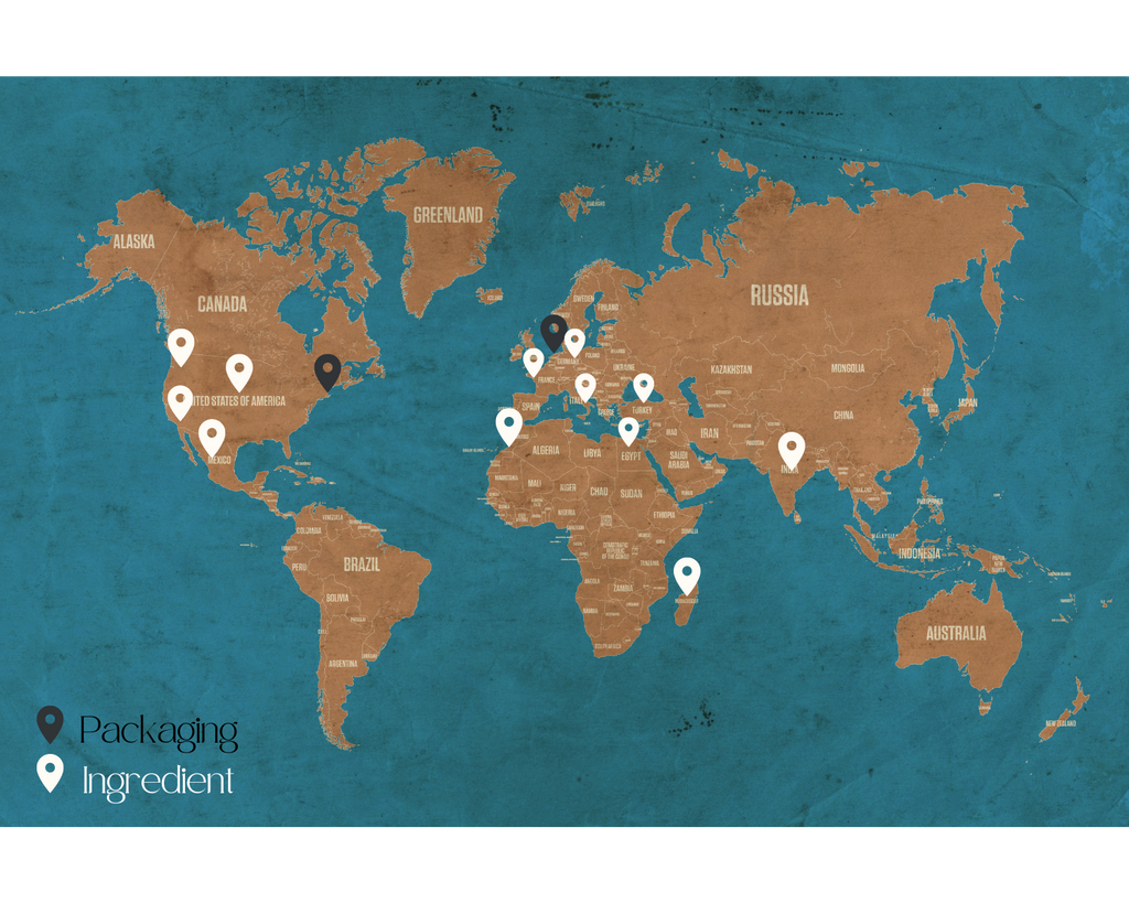 world map with plot lines indicating packaging and ingredient suppliers