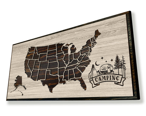 camping bucket list us push pin travel map carved into wood