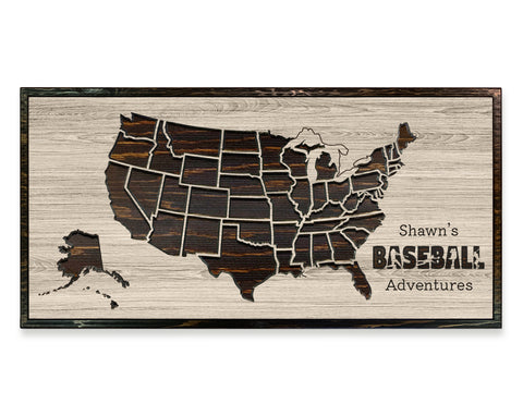 baseball bucket list us push pin travel map carved into wood