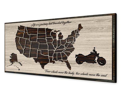 motorcycle road trip us push pin travel map carved into wood - gift for motorcycle rider