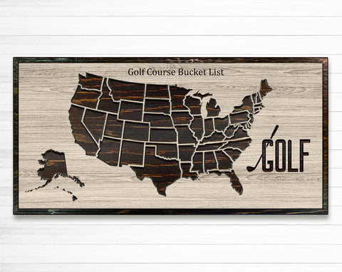 golf course bucket list us push pin travel map carved into wood