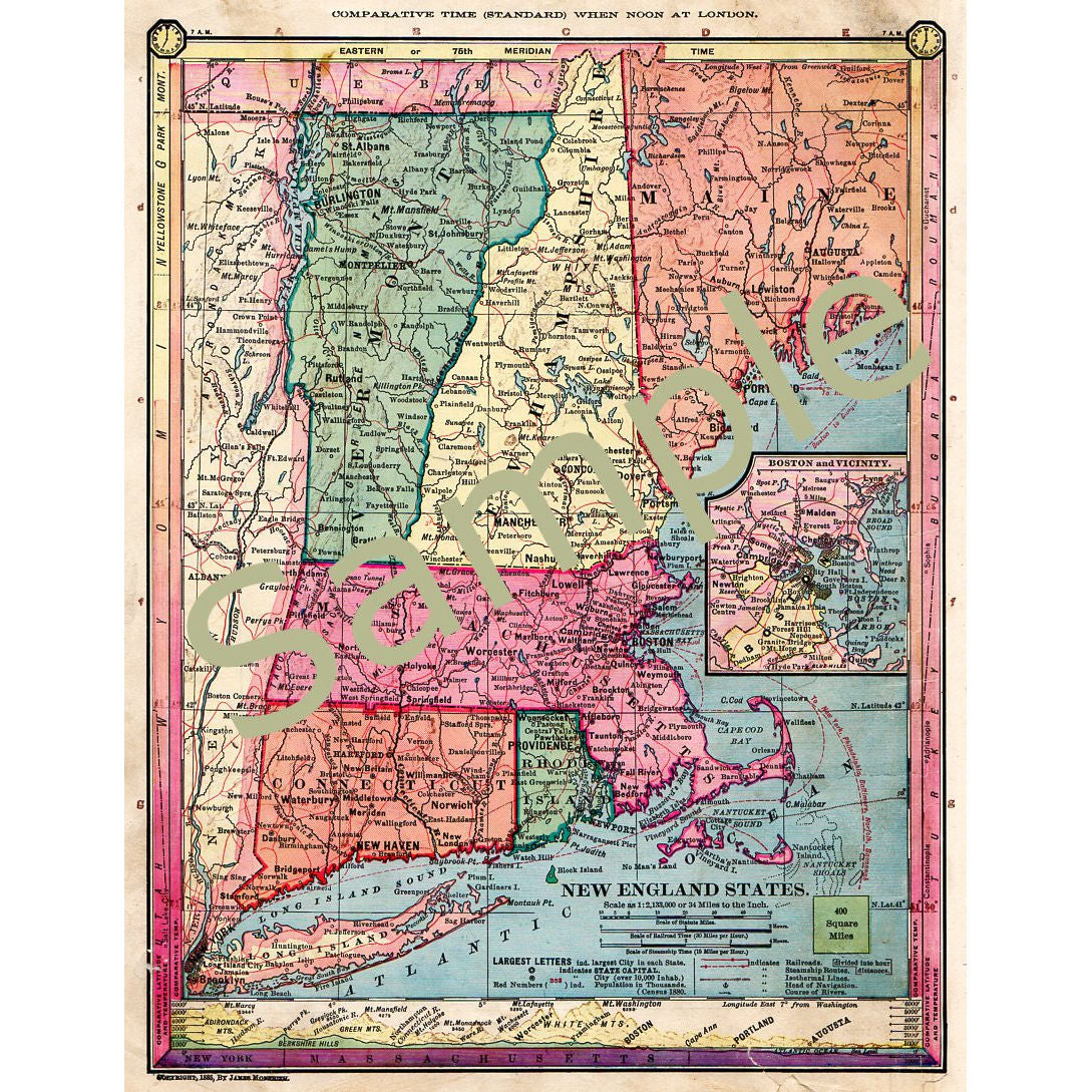 Vermont New Hampshire Maine Map Avid Vintage   Vintage collectibles