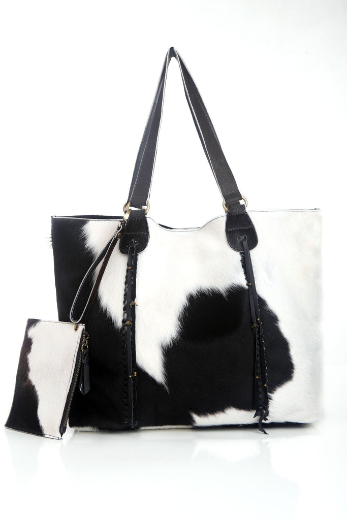 Black White Cowhide Tote Bag Genuine Leather Tote Steven Bag