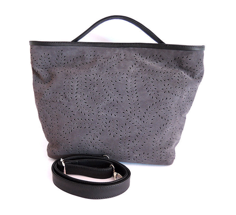 gray suede handbag