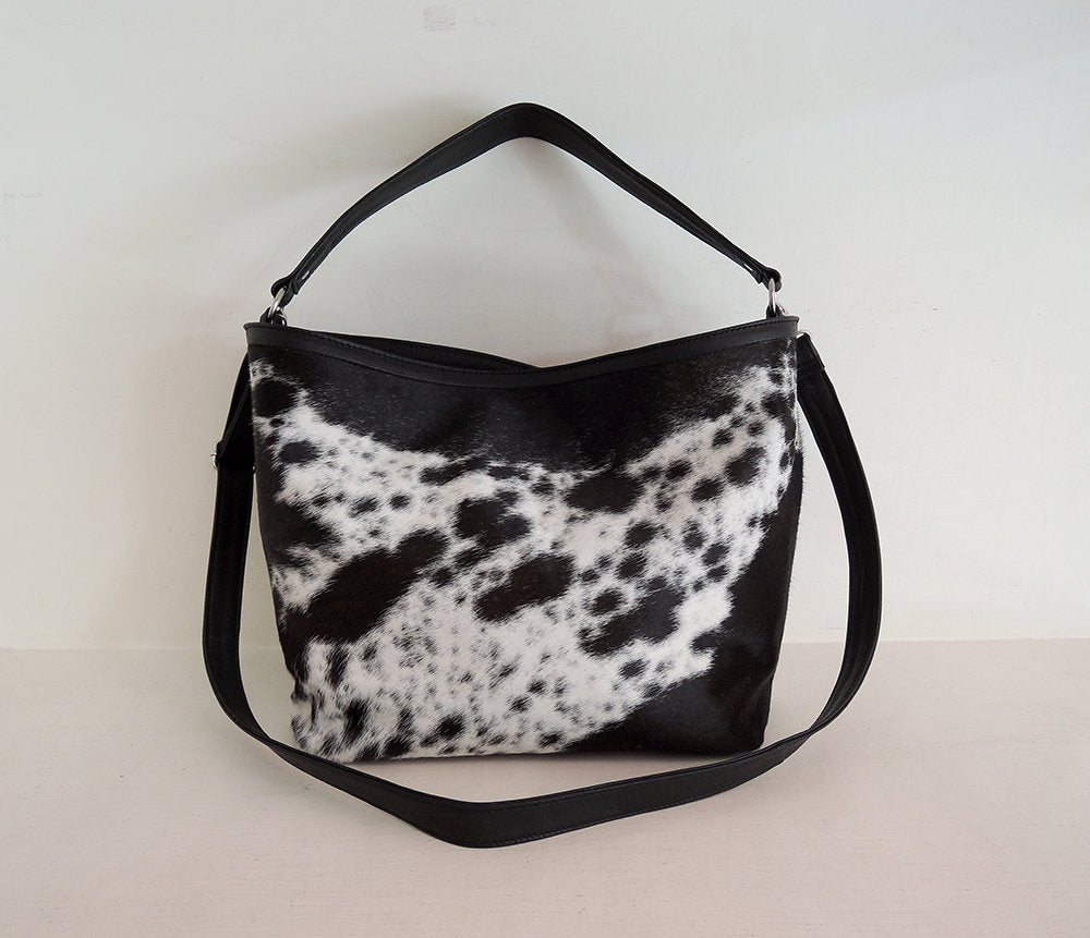 Cowhide Handbag Cowhide Bag Speckled Black White Sling