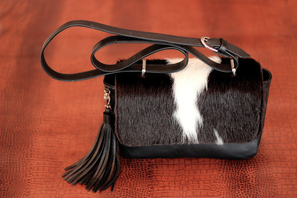 Black White Cowhide Purse W Tassels Pony Hair