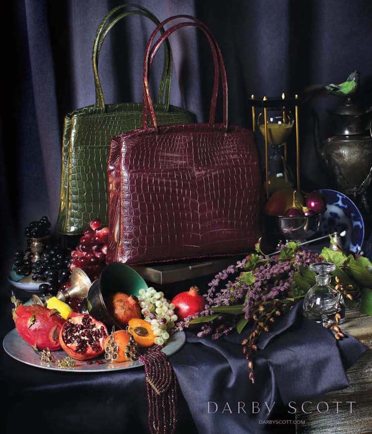 Crawford handbags and garnet jewelry as seen in Town & Country Magazine - Darby Scott