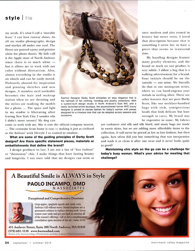 Jasper Necklace and Karung Box Wallet shown beside article on Darby Scott