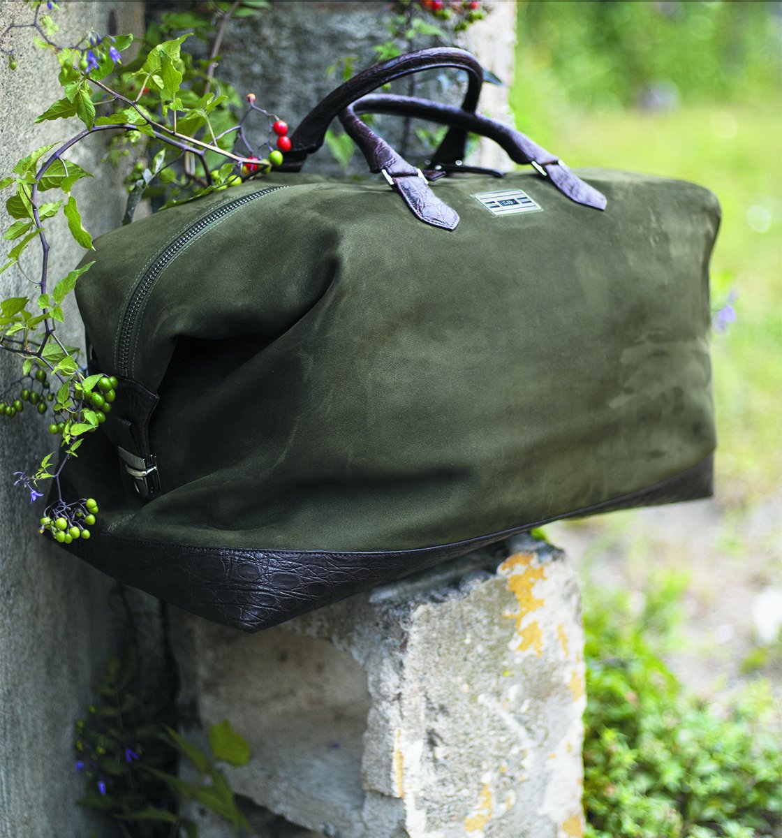 Green Suede Aspen Travel Bag as seen in Esquire Big Black Book - Darby Scott 