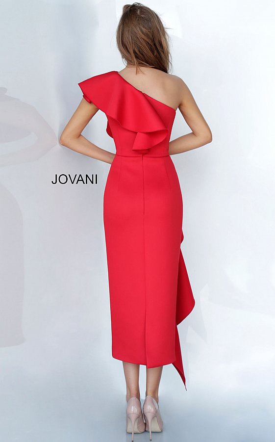 red one shoulder ruffle dress