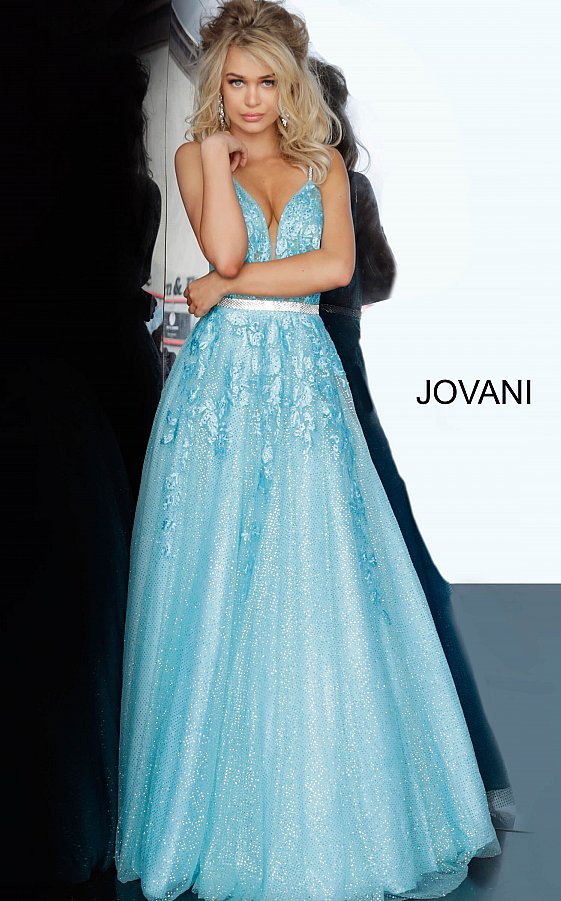 blue embroidered prom dress