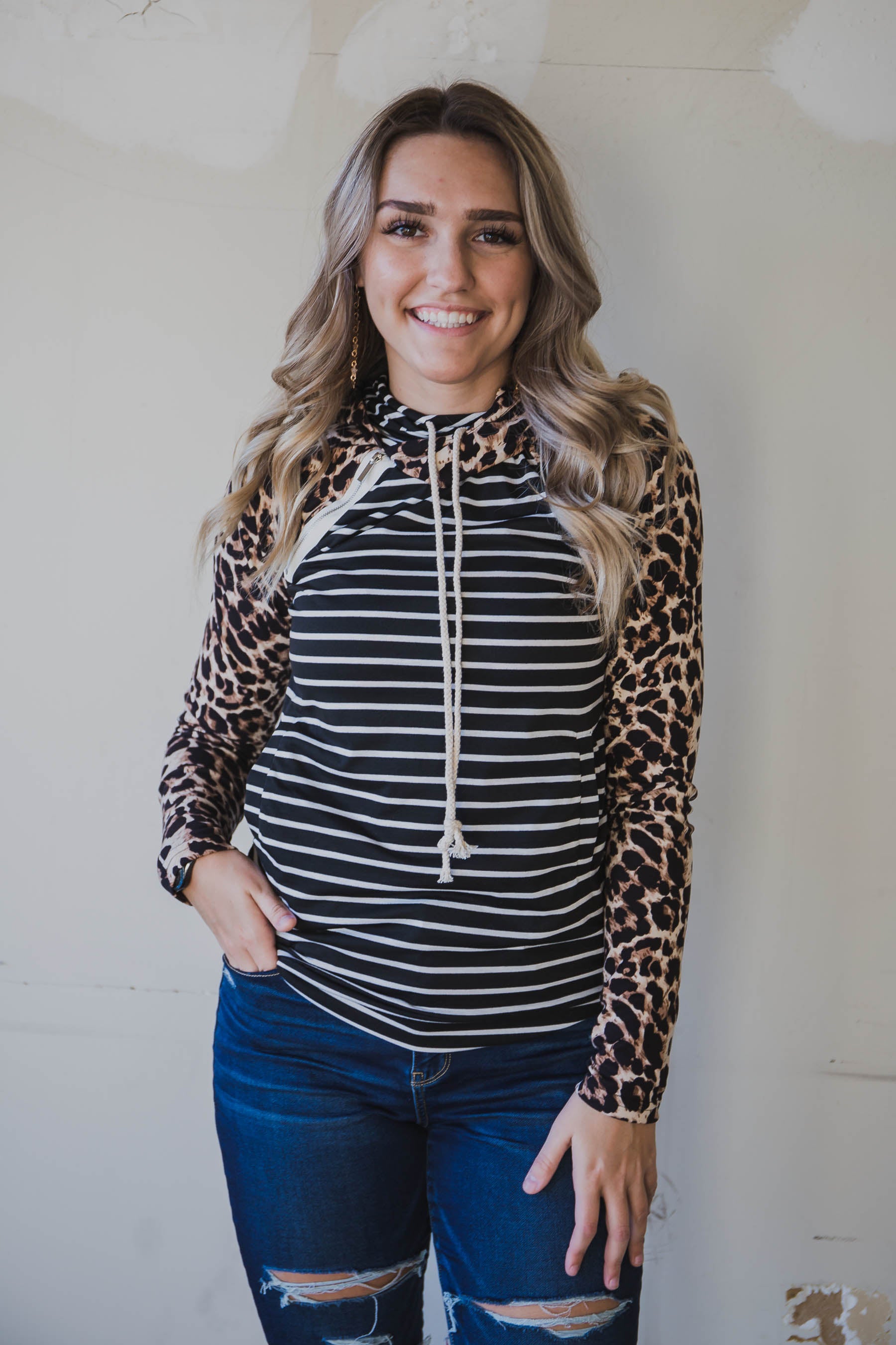 leopard contrast striped hoodie