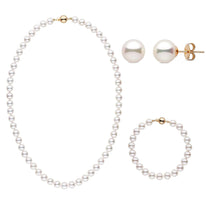 18 Inch 3 Piece Set of 7.5-8.0 mm AAA White Akoya Pearls necklace Bracelet Earrings White Gold